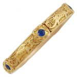 Arts and Crafts Gold and Sapphire Dragon Bangle Bracelet, Riker Bros.