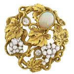 Arts and Crafts Gold, Opal, Seed Pearl and Diamond Grapevine Brooch, F.W. Lawrence