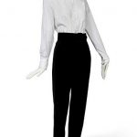 A WHITE COTTON SHIRT AND BLACK COTTON VELVET TROUSERS