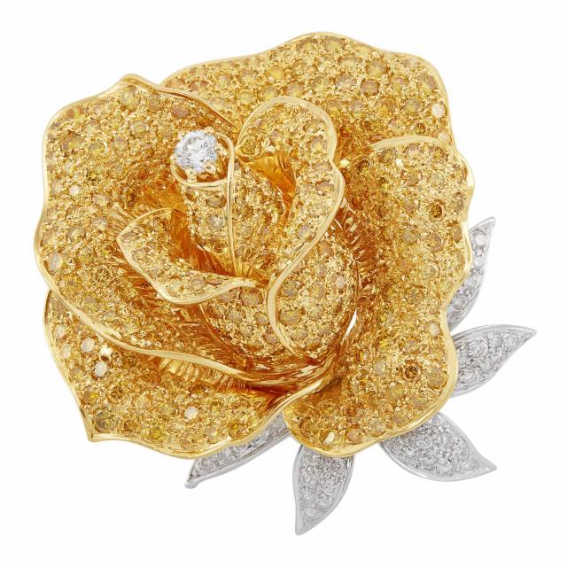 Two-Color Gold, Colored Diamond and Diamond Rose Brooch, Sabbadini