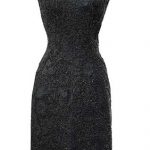 A short black lace sheath dress with pearl embroidery