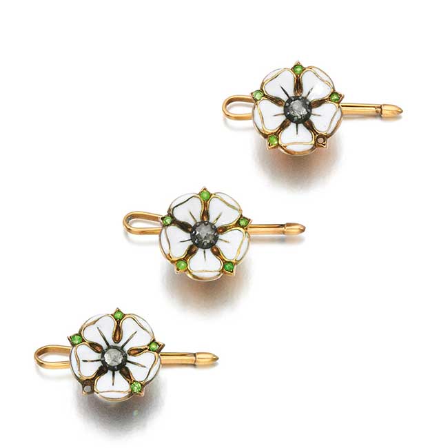 A set of three enamel, demantoid garnet and diamond dress buttons, circa 1905