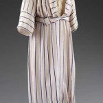 Summer dress of pink silk with narrow vertical blue satin stripes