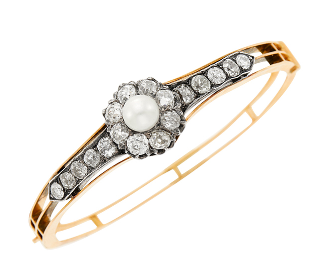 Antique Rose Gold, Silver, Pearl and Diamond Bangle Bracelet